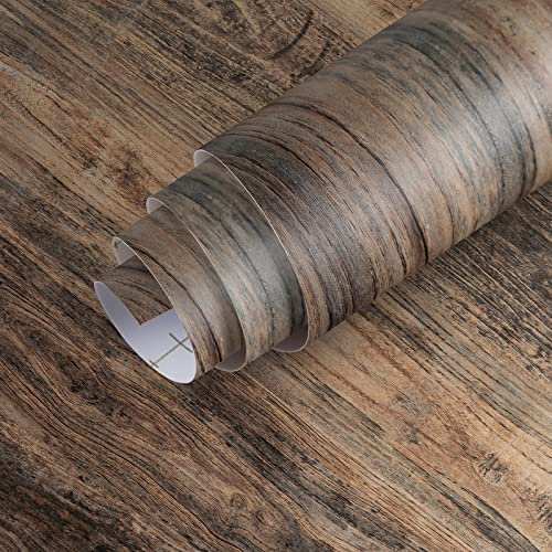 JSEVEM 40CM×3M Thick Brown Grey Wood Wallpaper Peel and Stick Self Adhesive Vinyl Wrap Waterproof Gray Wood Contact Paper Sticky Back Plastic Matte Textured Wall Tile Stickers for Cabinet Door Worktop
