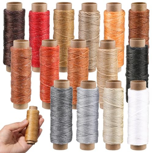 Namner Leder Faden, 150D Leder Wachsfaden 450m, 15 stk Wohnung Ledergarn Gewachst, Buchbinden Garn, Ledernähgarn mit Ledernähnadeln für Lederhandwerk, Heimwerken und Reparieren, Warme Farbe