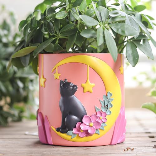 GUGUGO Moon Cat Niedliche Pflanzgefäße, einzigartiger Blumentopf mit Drainage, Regenbogenfarben, kleine Blumentöpfe für Zimmerpflanzen, lustiger Sukkulenten-Gartentopf, Geschenk, Heimdekoration (C