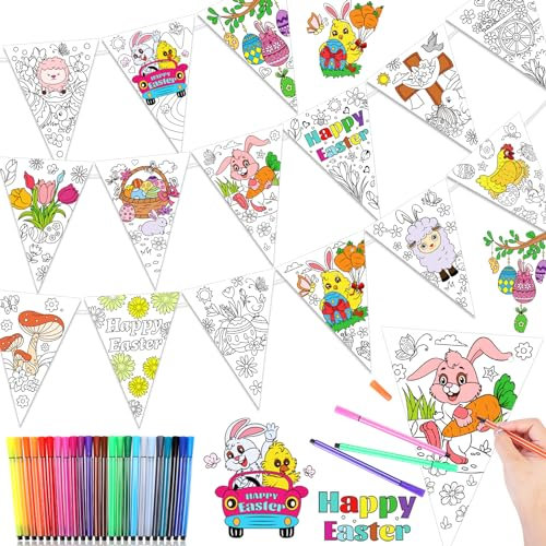 HOWAF 15pcs Colour Your Own Easter Bunting Banner, Colouring Bunny Egg Banner for DIY Activities Crafts, Gifts, Easter Decorations
