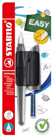 STABILO - Pluma estilográfica escolar con plumín estándar M - EASYbuddy Twilight Sky en negro/negro - azul (borrable) - Incluye cartucho