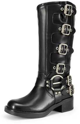 DREAM PAIRS Women's Knee High Riding Boots Side Zipper Motorcycle Boots Square Toe Chunky Heel Fashion Buckles Biker Boots,Size 7.5,Black,SDKB2416W