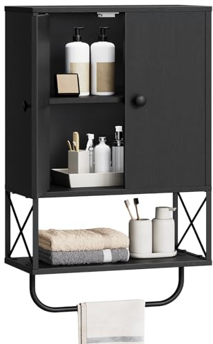 MAHANCRIS Bathroom Wall Cabinet with 2 Door and Adjustable Shelf, Farmhouse Medicine Cabinet with Towel Rack, 3-Tier Wall Mounted Storage Cabinet Over The Toilet for Bathroom Laundry Room, Black