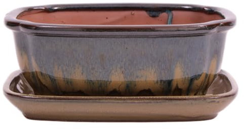 Bonsai - Schale eckig 21.5 x 17 x 8.5 cm, grünblau/beige, mit Untersetzer 23207
