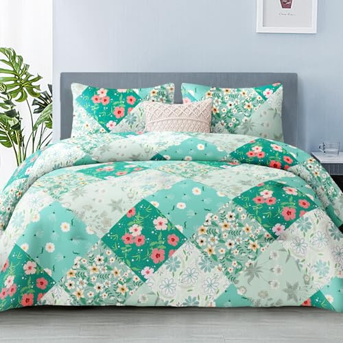 Whale Flotilla Couette 200 x 200 cm, Couette Couverture Respirante et Super Douce pour 4 Saisons avec 2 Taies d'oreiller, pour lit 2 Personnes, Carreau Vert