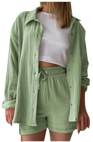 Musselin Bluse Damen 2 Teiler Damen Elegant Lounge Set Damen Sommer Casual Outfit Y2K Clothes Damen Bluse Musselin Hemd Und Shorts Sommer Damen Top Bluse Oberteil Set Kurz