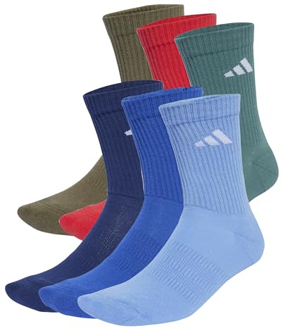 adidas Unisex CUSHIONED CREW SOCKS 6 PAIR PACK, Dark Blue/Royal Blue/Olive Strata/Pure Ruby, 8.5-10