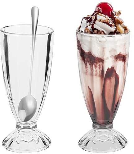Hejo 2 Stück Eisbecher Glas, 360ml Wiederverwendbar Dessertgläser, Eiskaffee Gläser mit Löffeln, Milchshake Gläser mit Fuß, Iced Coffee Glas für Eis Dessert Getränke Cocktails