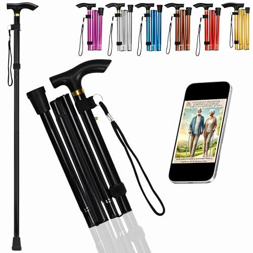 Bastones para Mayores | Bastón Plegable Ajustable en Altura | Baston Extensible de Aluminio Ligero | Antideslizante para Evitar Caídas | Bastones para Caminar y para Viajar (Negro)