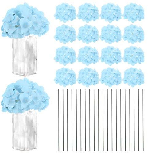 M METERXITY 20-Pack Flores De Hortensia De Seda, Cabezas De Flores Artificiales De Hortensia Completa con 20 Tallos para Decoración del Hogar/Bodas/Navidad/DIY/Fiestas/Jardín [Azul Cielo]