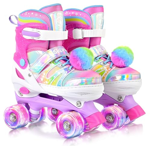 SULIFEEL Rainbow Tie-Dye Adjustable Roller Skates for Girls Kids Ages 3-5 5-8 6-12 Pink Purple Light Up Skate with Fluffy Pom Poms Triple Protection for Indoor Outdoor Skating
