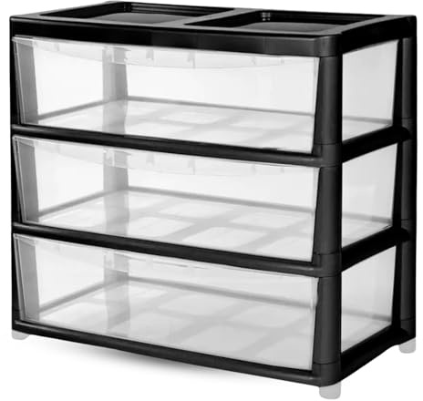 ALEEZ Jumbo 3 Tier Clear Storage Drawer - Modular Storage Tower Cabinet - Multi-Purpose Plastic Drawers - Transparent Closet Store - Ideal for Organizing Office Household Items (3 Tier, Black/Clear)