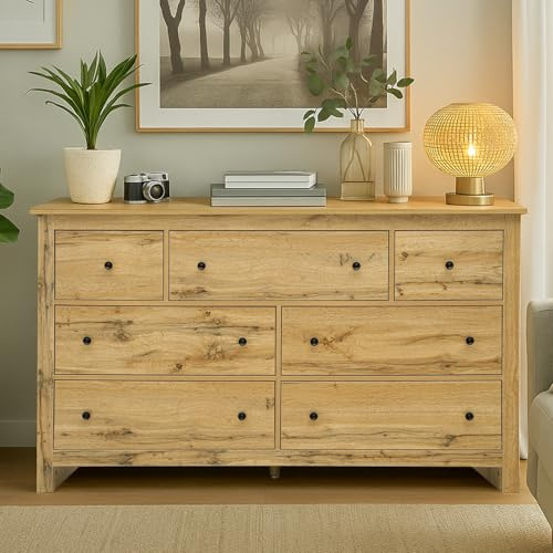Aislinglen Comodas de Madera, comodas y cajoneras Dormitorio, cajonera 7 cajones, aparador Madera, Mucho Espacio de Almacenamiento, 152 x 40 x 89 cm