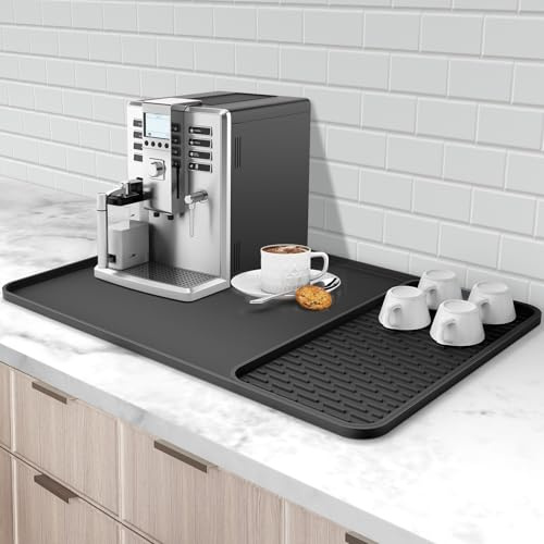 Silikon Unterlage Kaffeemaschine,2-in-1 Kaffeematte 61 x 41 cm,hitzebeständige rutschfeste Trockenmatte Unterlage für Kaffeemaschine, Kaffeevollautomat & Espressomaschine,mit abnehmbarer Abtropfmatte