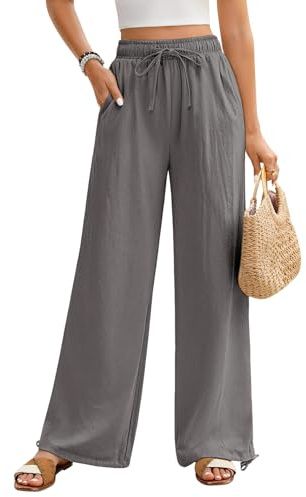 Niwicee Pantaloni Donna Estivi Eleganti Pantaloni Leggeri Comodi Pantaloni Traight Larghi Pantaloni Tinta Unita Casual Donna con Tasche Coulisse Pantaloni Palazzo 100% Cotone Pants (Grigio, M)