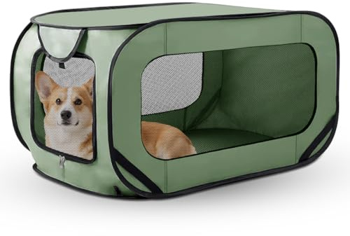Zinueen hopfällbar transportlåda för hund och katt upp till 29,5 kg (94 x 53 x 53 cm), robust, hopfällbar, med dubbla dörrar och säkerhetsbälte, bärbar skyddsplats för resor (grön)