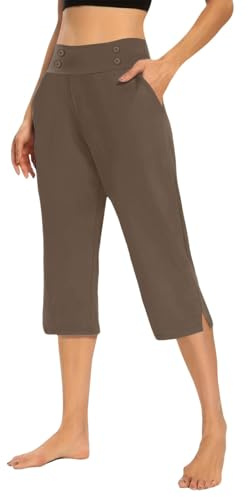 Yogabyxor dam 3/4 hög midja, damsportbyxor 3/4 bomull, ventilerande capri-yogabyxor, vida ben, träning, joggingbyxor med fickor, lätta lediga sommarbyxor, enfärgade, bekväma fritidsbyxor