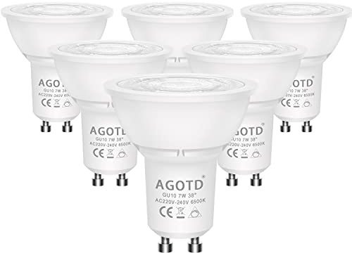 AGOTD GU10 Dimmbar LED Lampen, 6500K Kaltweiß, 7W 230V Gu 10 Kaltweiss LED Leuchtmittel, Ersetzt 50W Halogenlampen MR16, 38 Grad, 6er Pack