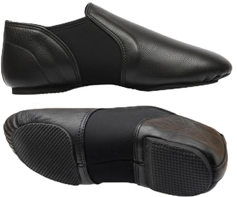Slip On Jazz Dance Shoes - Black Leather - Modern Stage Rubber Heel Split Sole – Neoprene - Irish Dancing Pumps (Size 4.5 UK Girls, Black) NPB1