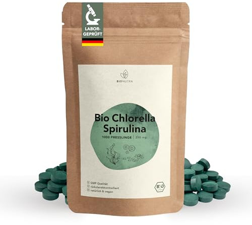 BIONUTRA Bio Spirulina Chlorella Tabletten 1000 x 250 mg, rückstandskontrolliert, nach EU-ÖKO-Standard hergestellt, vegan, laktose- & glutenfrei, ohne Zusätze, Spirulina Chlorella Presslinge Bio