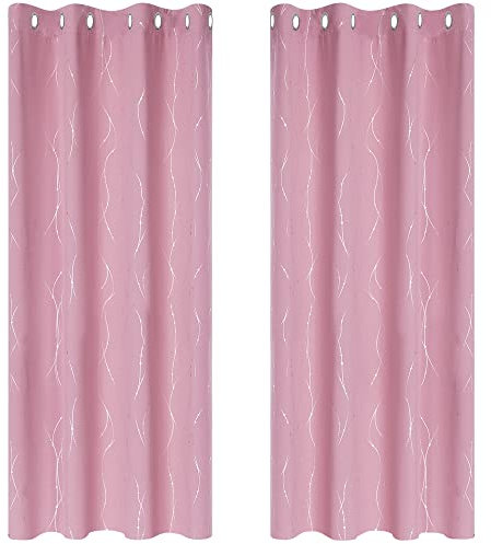 Deconovo Super Soft Silver Dotted Line Foil Printed Blackout Curtains Window Treatment Pair Eyelet Bedroom Curtains for Kids Rooms 52 x 54 Inch Pink 2 Panels