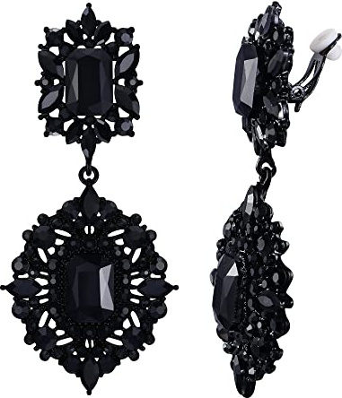 EVER FAITH Boucles d'Oreilles Clip Pendant Femme Cristal Carré Double Pendentif Feuille Strass Cadeau Noir