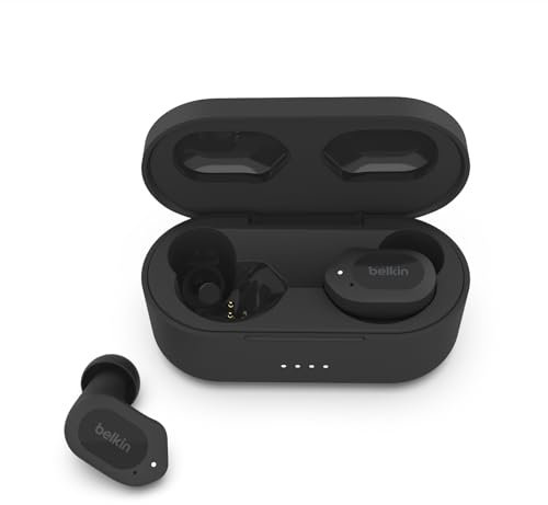 Belkin auriculares True Wireless SOUNDFORM Play, preconfiguraciones de ecualización, certificación IPX5 de resistencia frente al sudor y el agua, 38 horas de autonomía, iPhone, Galaxy, y otros