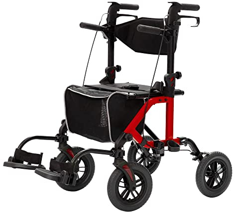ELENKER All-Terrain 2 in 1 Rollator Walker & Transport Chair, Folding Wheelchair with 10” Non-Pneumatic Wheels for Seniors, Reversible Backrest & Detachable Footrests, Red