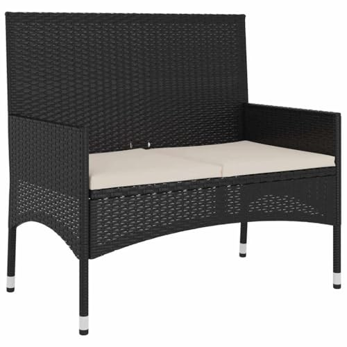 vidaXL Banco de jardín de 2 plazas con Cojines ratán sintético Negro, Banco, Banco de Patio, Muebles de jardín, banca, Muebles de Exterior