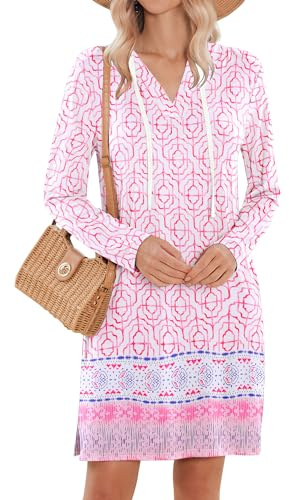 HOTOUCH Women's Long Sleeve Cover-Up Dress Print UPF 50+ Sun Protection Shirts UV Hoodie with Pockets