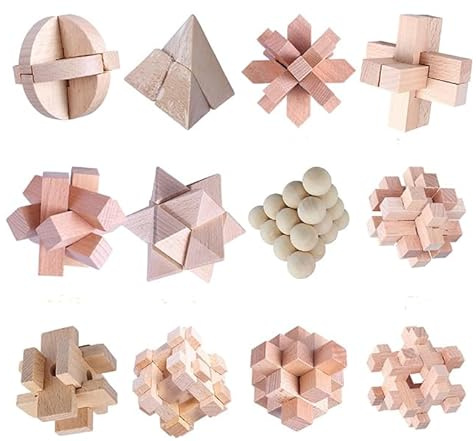 Coriver Pusselspel trä, 12 stycken 3D-pussel trä brainteaser-set, träleksak IQ Brain Teaser pussel mini pusselspel, logikspel intelligens tålamodspel för 3+ barn vuxna
