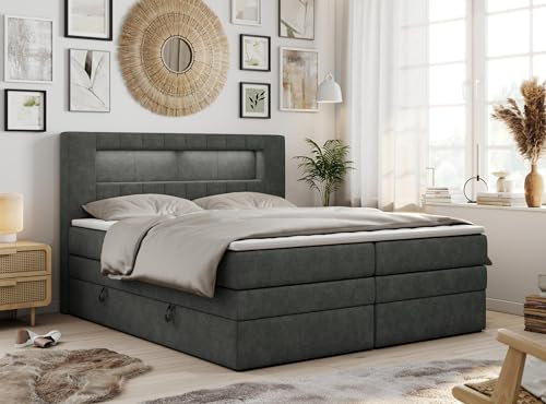 MKS MEBLE Boxspringbett 180x200 mit Led Grau, Polsterbett mit LED Kopfteil, Multipocket Matratze H4, Doppelbett mit Bettkasten Stauraumbett - GOLD-5-KING - Struktur Dunkelgrau