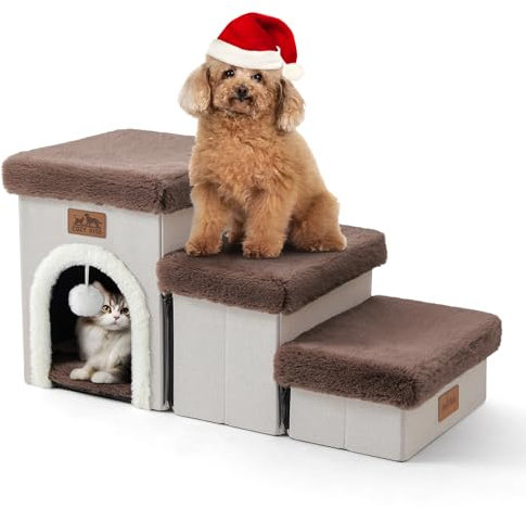 COZY KISS Escalera para Perros Pequeños con Almacenaje y Condominio, Escaleras Plegable para Mascotas para Cama, Sofá y Silla, Rampa para Gatos, Durable, hasta 80kg, 33x69x36cm, 3 Peldaños, Brune