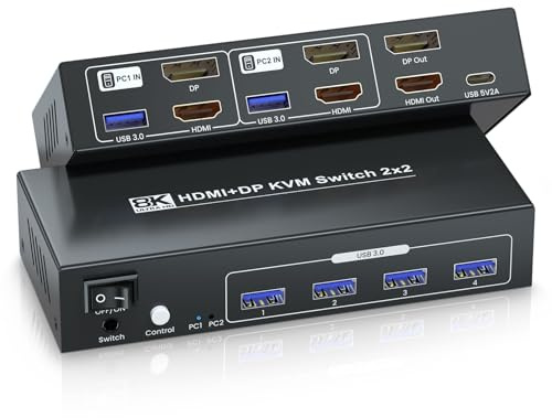 8K@60Hz 4K@120Hz HDMI Displayport KVM Switch 2 Monitors 2 Computers, USB 3.0 Dual Monitor HDMI DP KVM Switch for 2 PCs Share 2 Monitors and 4 USB 3.0 for Keyboard, Mouse, Printer and More