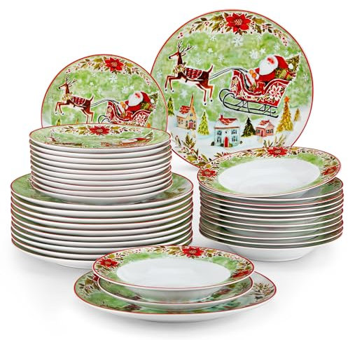 VEWEET, Serie XMAS, 36 Piezas Vajilla de Navidad para 12 Personas | Vajilla de porcelana para Fiesta de Navidad | Plato Plano/Postre y Plato Hueco | Apto para Lavavajillas | Verde y Blanco