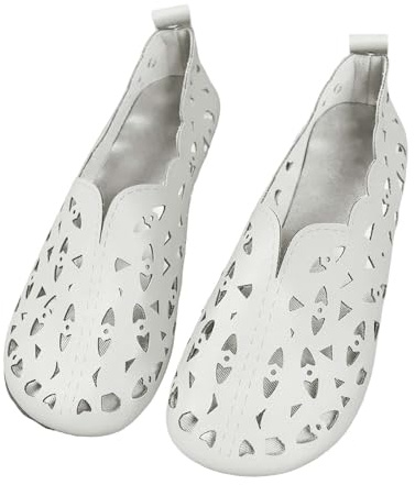 Summer Footwear for Ladies, Hollow Out Shoes Casual Extra Wide Fit Flats Comfortable Fit Shoes Stylish Casual Walking Shoes Lightweight Leather Moccasins Soft Leather Loafers Women White