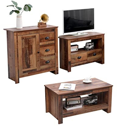 CFDZ Wooden Living Room 3 Pieces Set (Coffee Table + Corner TV Unit + 1 Door 3 Drawers Sideboard) Storage Unit Cabient for Living Room Furniture Set