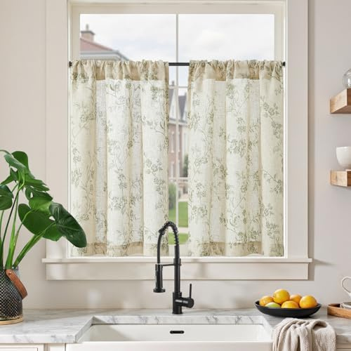 TOPICK Linne skivgardiner 65B x 90 H (cm) blommor köksgardiner kort tryckt lantlig stil bistrogardin halvtransparenta gardiner fönster gardiner för våren vardagsrum set om 2 grön på vitt