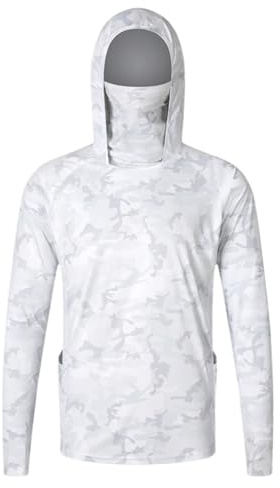 Générique T Shirt Anti UV Homme Capuche UPF50+ Chemise de pêche à Manches Longues Sweat à Capuche Protection Solaire Tee Shirt Anti-UV Respirant à Séchage Rapide (Masque Intégré)