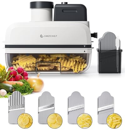 AMZCHEF Tagliaverdure Automatico & Robot da Cucina 5-in-1 – Affettatrice per Patate Waffle, Lavabile in Lavastoviglie, Ideale per Creative Patate Waffle in Famiglia e Cucina Quotidiana