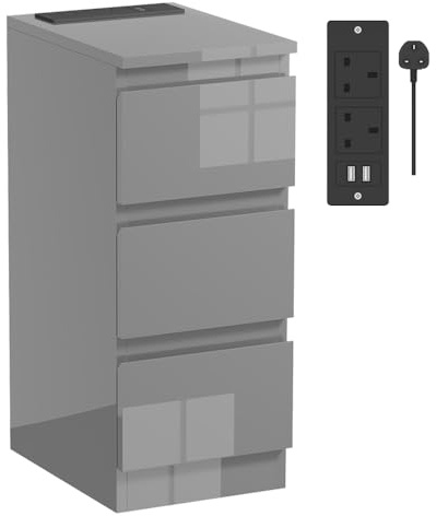 Rainbow Tree Slim Bedside Table with Charging Station Grey, Modern High Gloss Narrow Bedside Cabinet with 3 Drawers, Nightstand for Bedroom, Side Sofa Tables 25x35x60cm