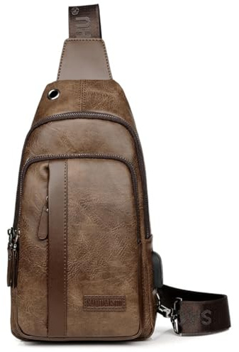 VNLCPX Bandoleras Hombre Pequeña Piel, Bolso Pecho de Cruzado con Correa Ajustable para el Hombro y Puerto de Carga, Mochila Cuero Impermeable para Escolare Ciclismo Senderismo, Marrón