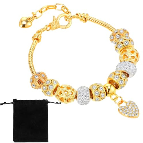 LXUEJIE Shiny Gold Beads Bracelets, Rhinestone Heart Charm Bracelet Luxury Adjustable Bangle for Women Gifts