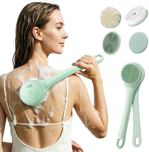 Spazzola elettrica per la schiena, spazzola elettrica per il corpo, spazzola per la schiena con manico lungo, 9,8 x 7,8 x 38 cm, carica spazzola per il corpo con 6 accessori, spazzola per massaggio