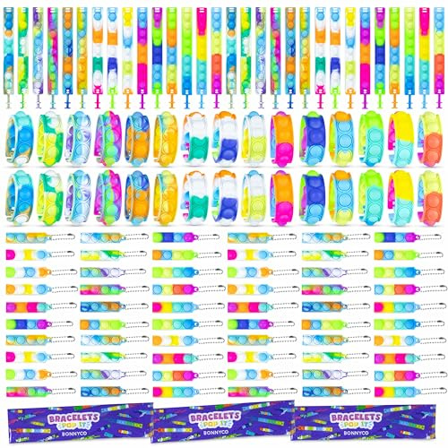 BONNYCO Pulseras y Llaveros Pop It Pack 60 Regalos Cumpleaños Niños Colegio. Detalles Cumpleaños Niños, Relleno Piñata Infantil. Fidget Toy para Regalitos Invitados, Regalos Alumnos Primaria