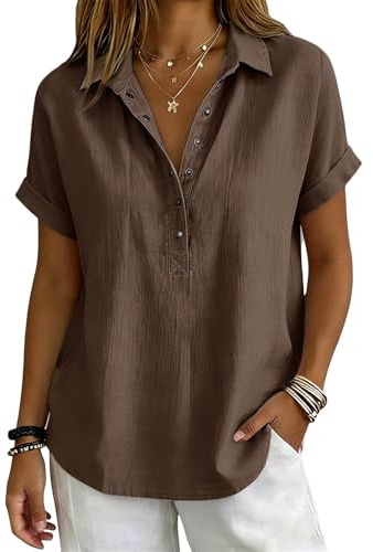 Chemisier Femme Été Col en V Coton et Lin Henley Chemise Manche Courte Boutonné Basique Bureau Travail Haut Respirant Plage Loisirs Tops Mode Randonnée Blouses