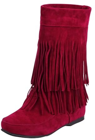 Botas con flecos para mujer, de gamuza, planas, a media pantorrilla, borlas, estilo bohemio, zapatos casuales, Red, 34.5 EU