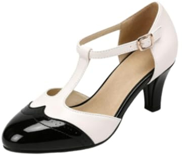 Genéric Sandalias Mujer Bicolor Tira T Brogue Tacón Bloque Cita Calle Café | Plantillas Acolchada,Hebilla T Giratoria,Tacón Bloque Voluminoso,Brogue Texturizado,Contraste Bicolor,Sesiones Reuniones