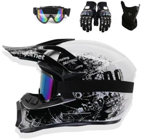 Youth Full Face Motocross Helmet, Unisex Off Road Street Motorbike Helmet | With Gloves Goggles Mask, MTB ATV BMX Downhill Enduro Racing Quad Dirt Bike Helmet, DOT Approved