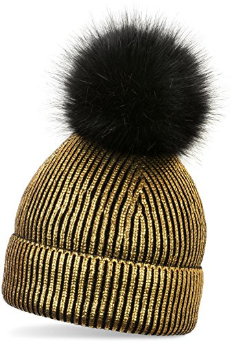 styleBREAKER Bonnet en Maille Chaud avec Aspect métallique et Pompon Amovible en Fausse Fourrure, Bonnet d'hiver avec Pompon, Femmes 04024138, Couleur:Noir/Or